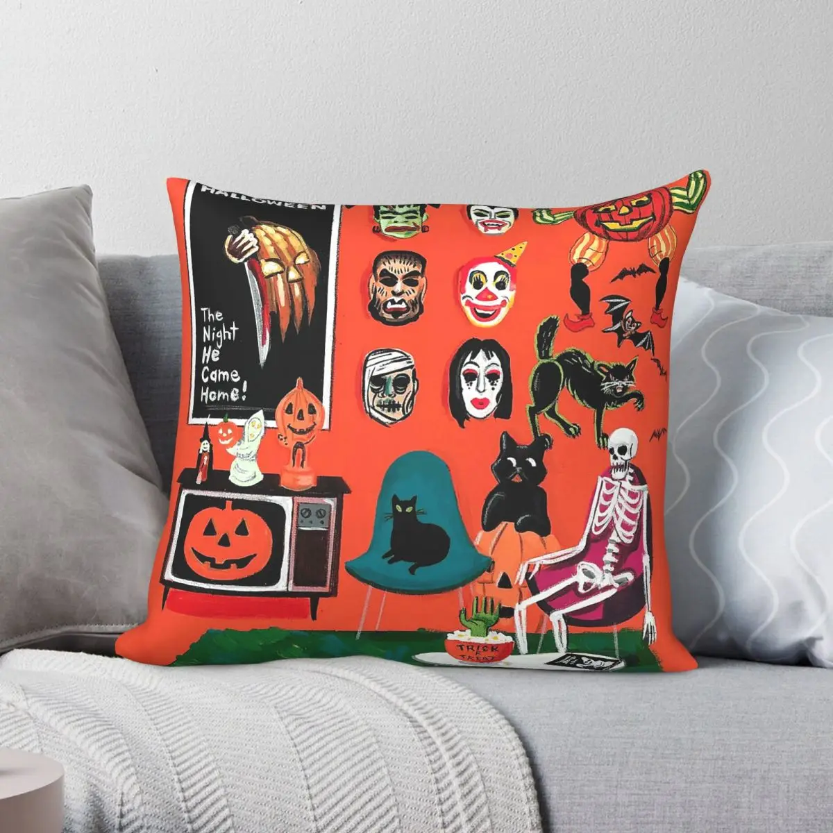 Halloween Freak Horror Square Pillowcase Polyester Linen Velvet Printed Zip Decorative Home Cushion Cover 18