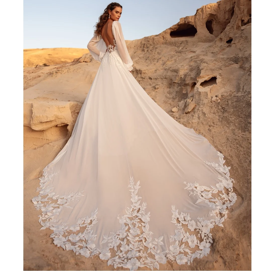 

Boho Backless Wedding Dresses Bride Lace Bodice Vestido de Novia Long Sleeves Sweep Train Formal Party Dress Customized