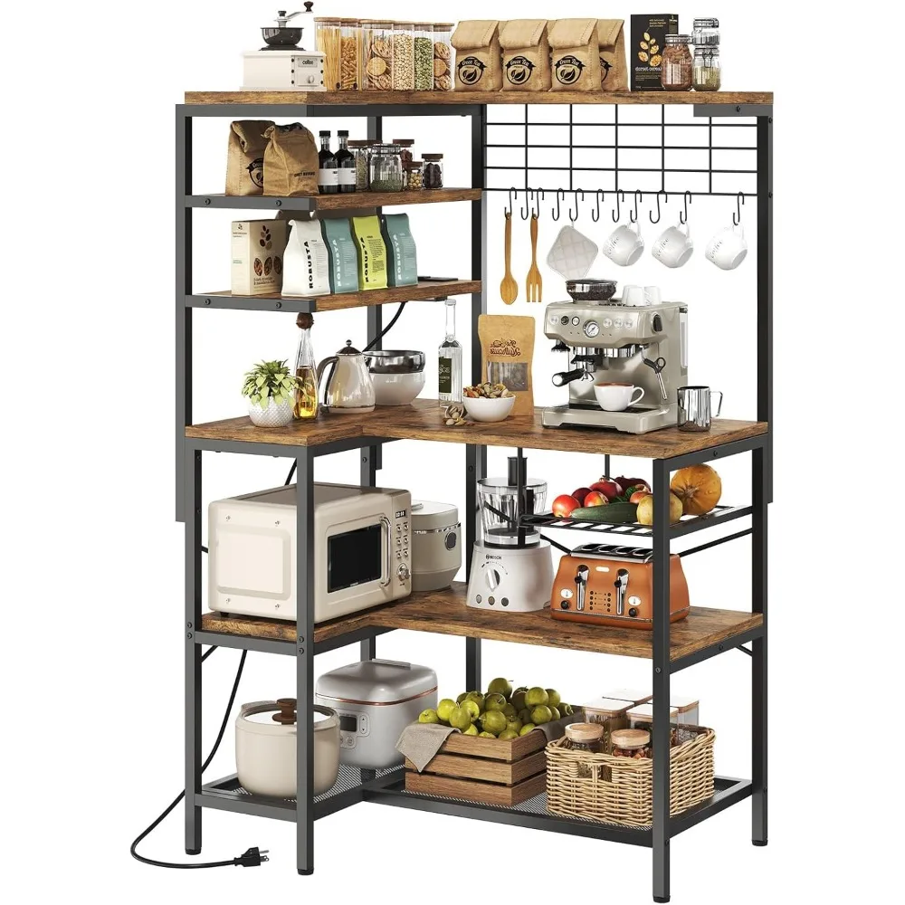 

L-Shaped Bakers Rack with Power Outlet, 6-Tier Microwave Stand with Open Storage, Coffee Bar with Hooks, Mesh Grid, Kitchen Shel