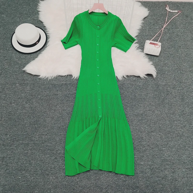 Vestido longo tricotado estilo francês feminino, manga ampla, botões de letras, suéter elegante, vestido de festa senhora, moda