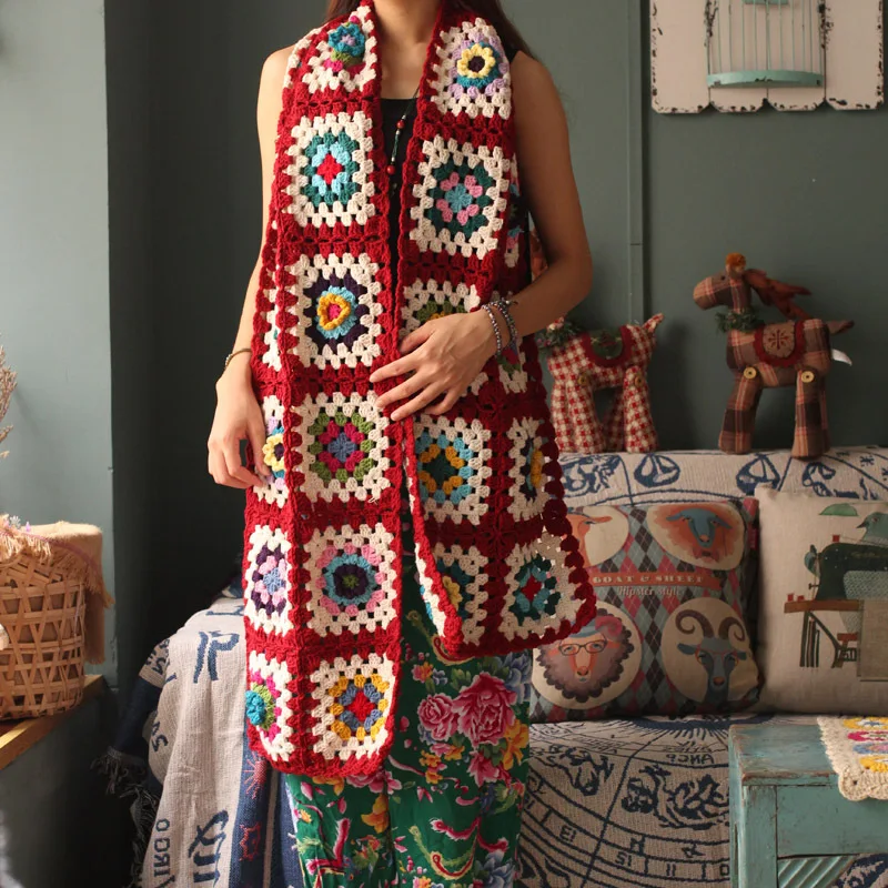 

[200 * 33] Nordic Forest Pastoral Shawl Blanket Grandmother Checkered Three-dimensional Flower Scarf Shawl