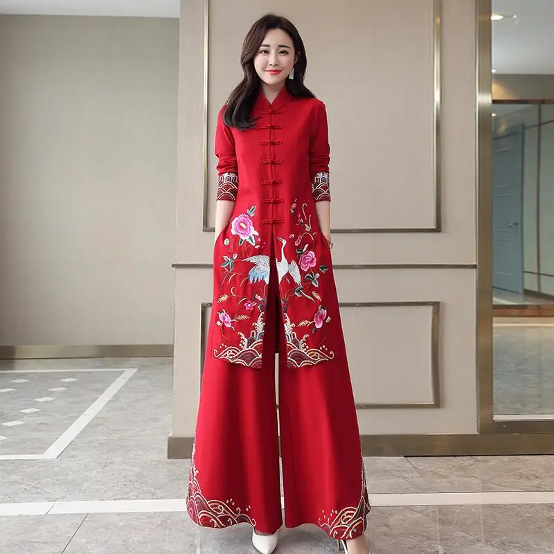 

Chinese Styles Vintage Pants Set Women Tang Suit Robe Orientale Clothes Hanfu Midi Qipao Two Pieces China Traditional Clothing