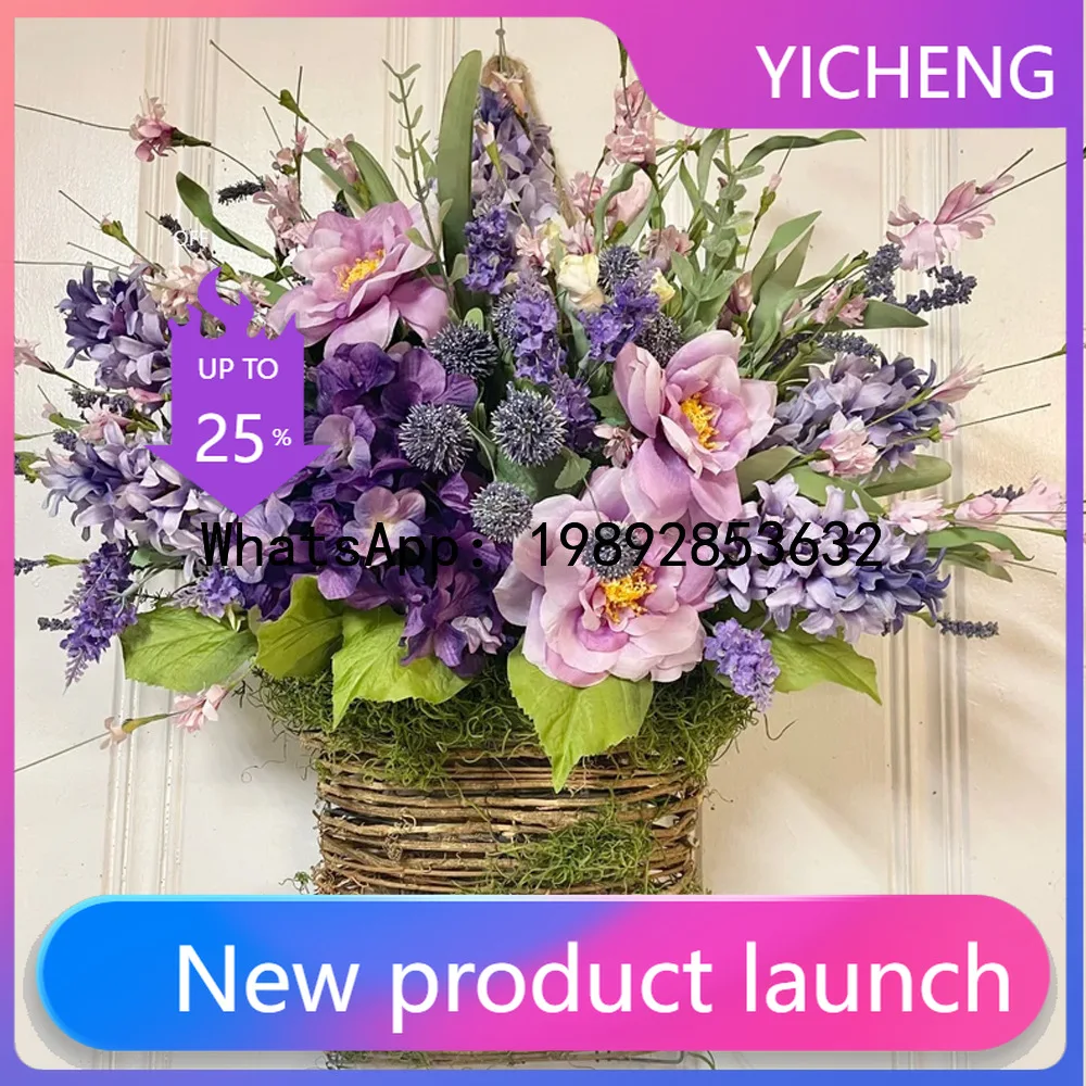 

ZZ Spring/Summer Pink Berries and Wildflower Door Hanging Basket Wreath Home Decoration Wildflower Door Hanging