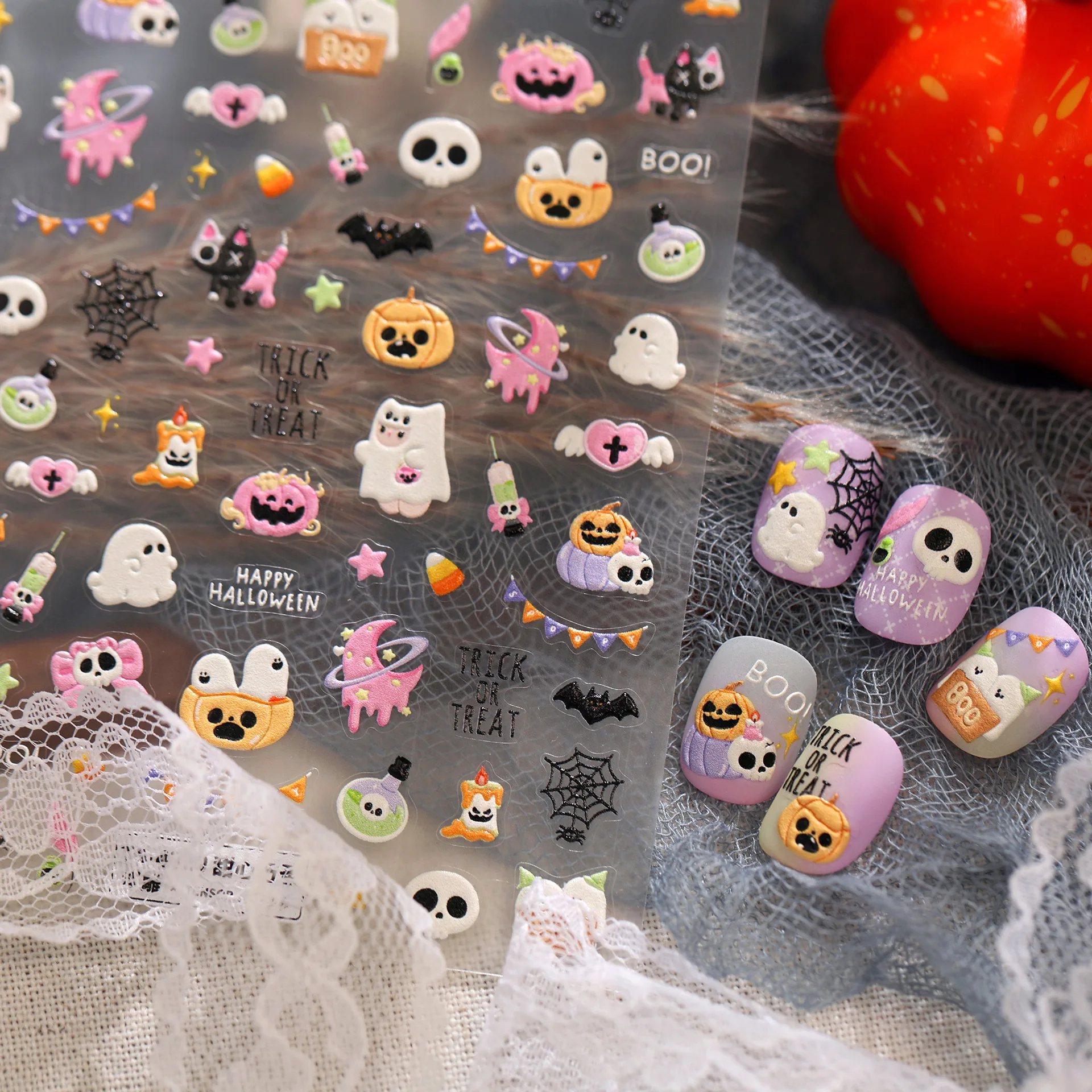 Halloween 5D Nail Sticker Lovely Phantom Kitten Bat Cobweb Trick or Treat Nail Decoration Stickers Self Adhesive Festival Decals