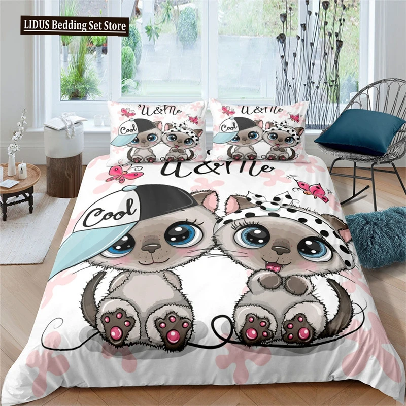 

Cartoon Cat Dogs Toddler Bedding Set For Boys Teens Cartoon Kittens Animals Microfiber 3D Duvet Cover Pillowcases Bedroom Decor