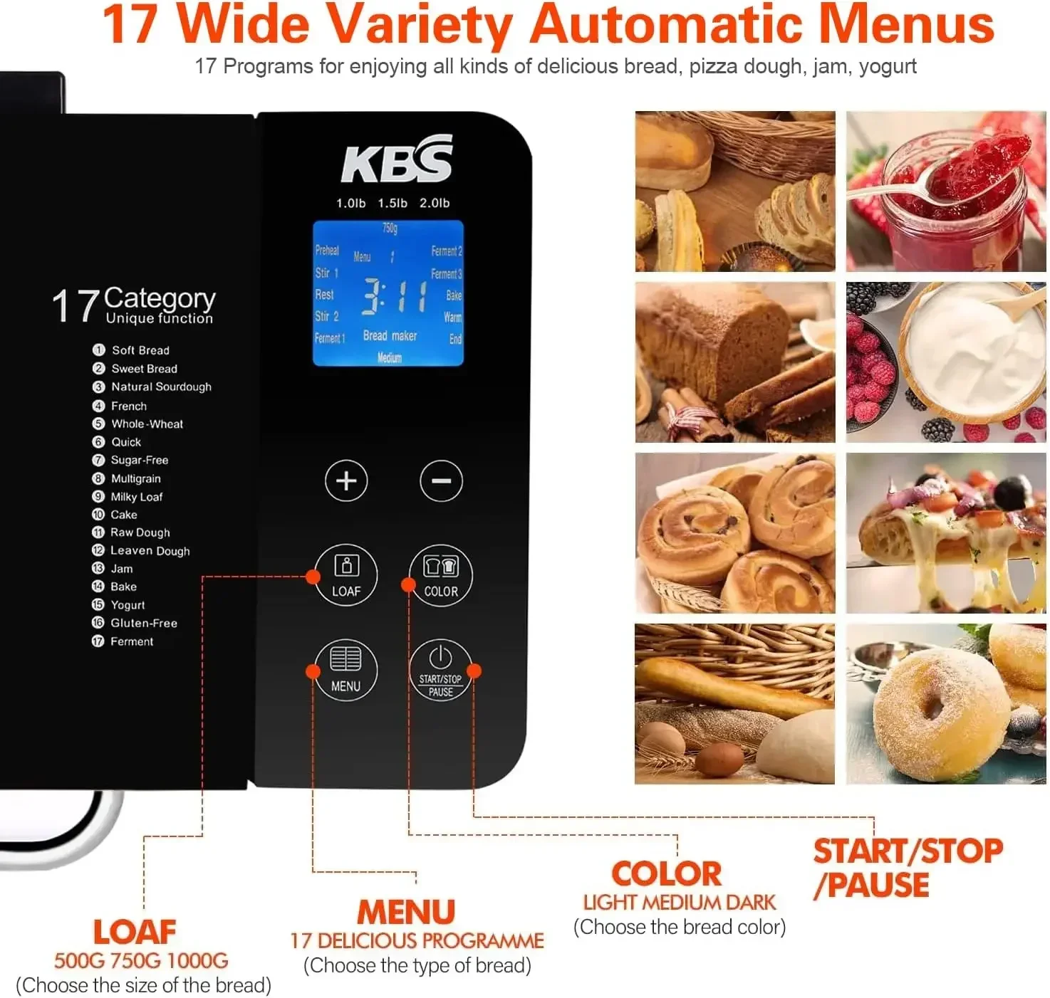 KBS Bread Maker-710W Dual Heaters, 17-in-1 Bread Machine Stainless Steel with Auto Nut Dispenser&Ceramic Pan, Gluten-Free