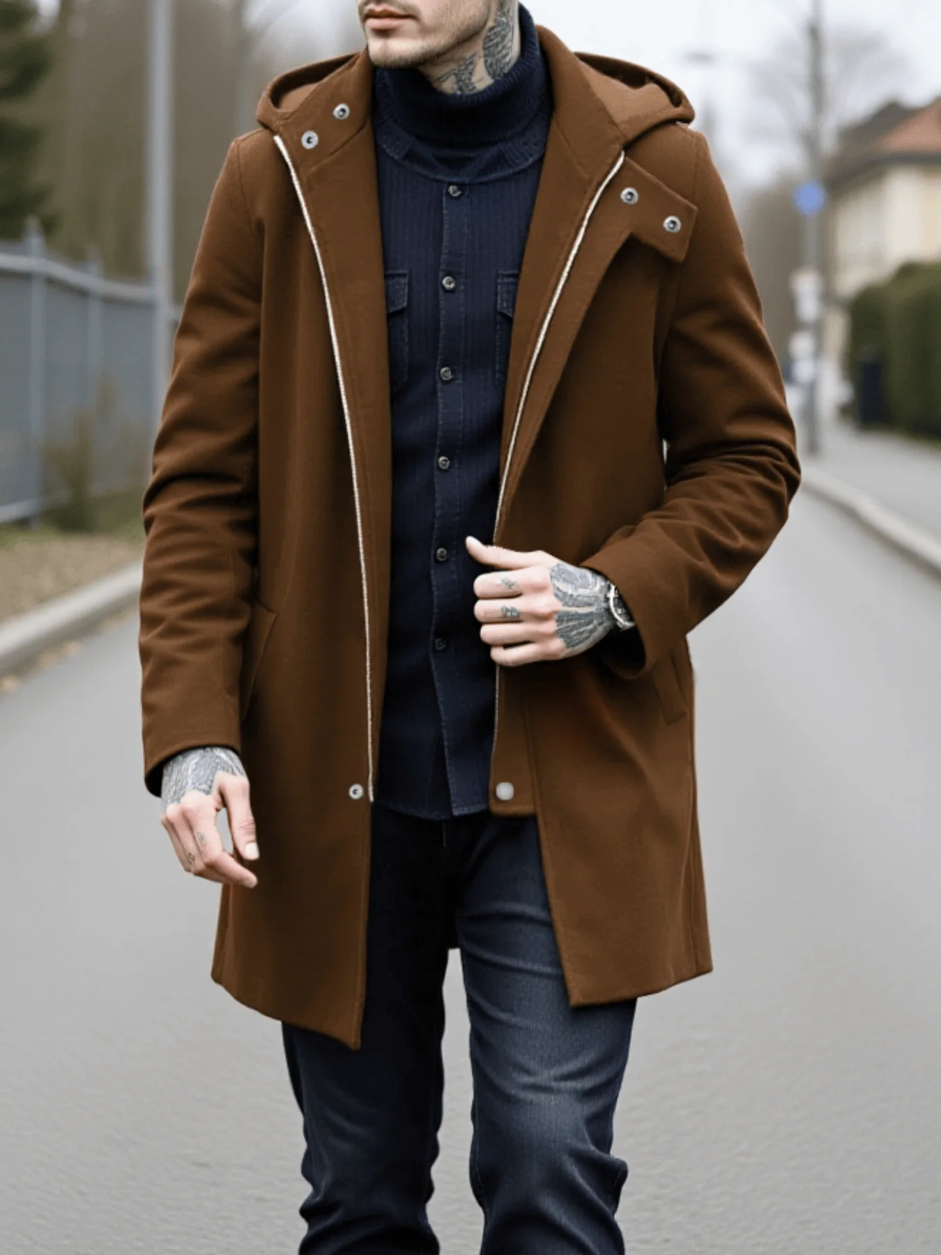 

Men's Urban Woolen Coat Hooded Elite Style Zipper Button Autumn Winter Business Casual Wear Wool Blends Long Jacket for Men