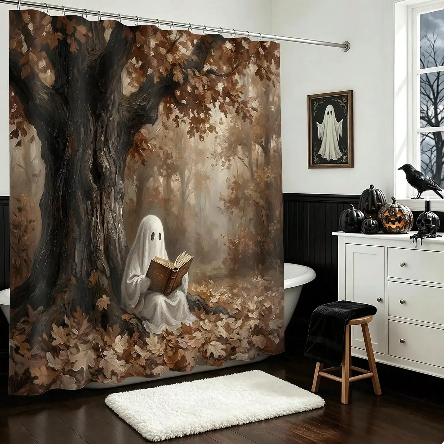 Halloween Shower Curtain for Bathroom Retor Funny Ghost Shower Curtain | 72 X 72 Inch Waterproof Washable Halloween Ghost Bathroom Decor Bath Curtain Set