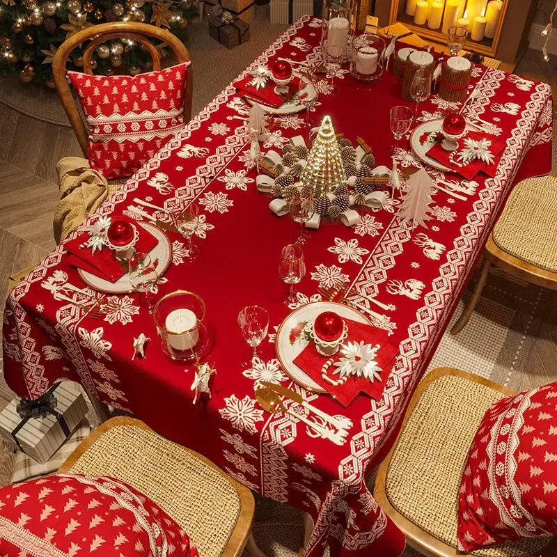 Red New Year Tablecloth, Waterproof, Luxury, Light, Rectangular, Coffee Table Decor, Festive Christmas