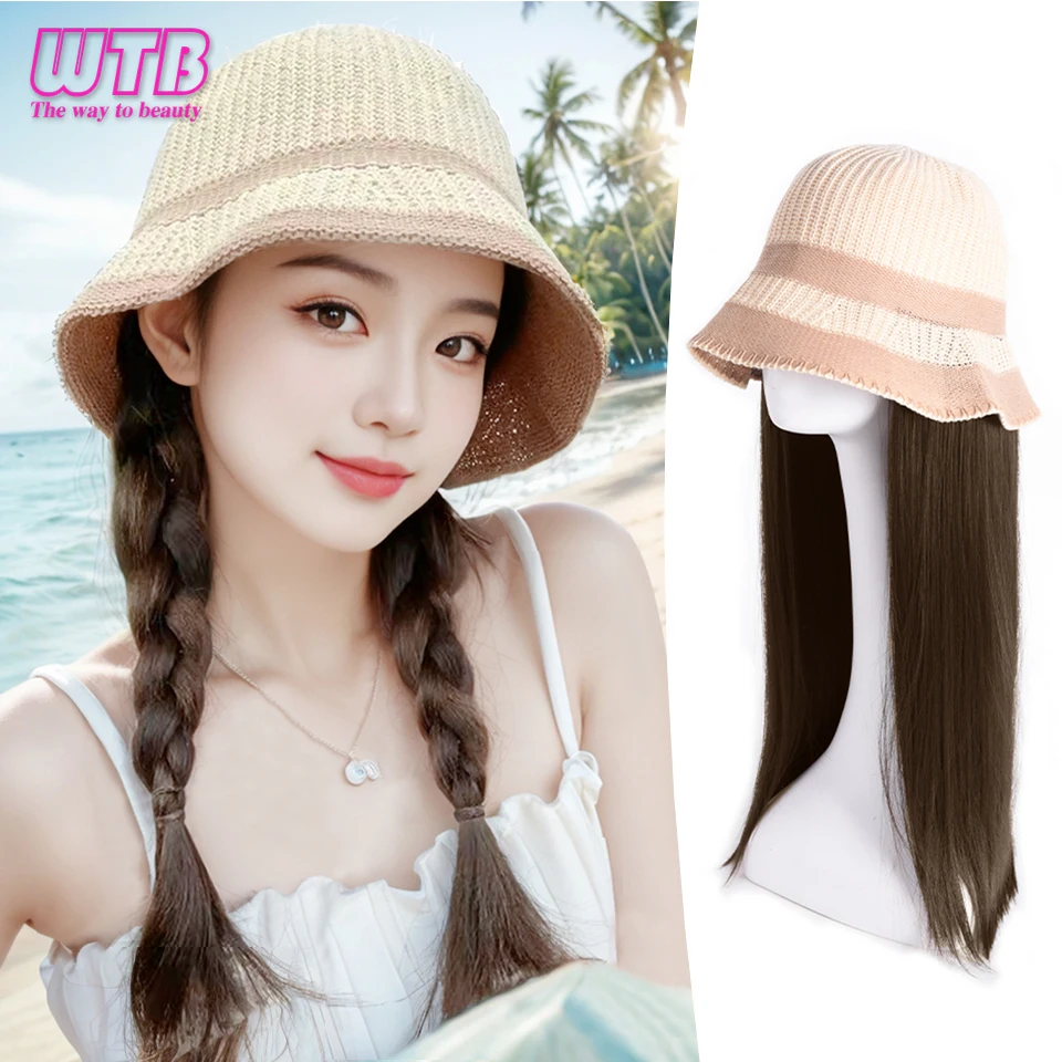 WTB Synthetic hat wig one-piece female hollow fisherman's hat long straight hair breathable sunshade beach hat wig