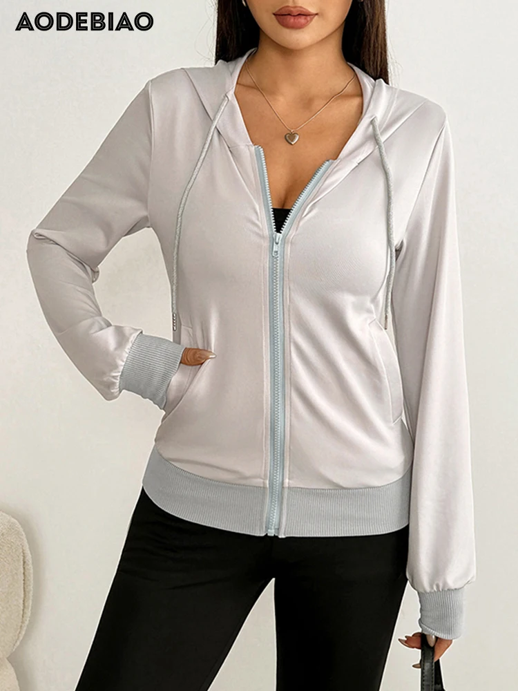 AODEBIAO Women Hooded Hoodie Autumn Winter Long Sleeves Fashion Cardigan Solid Coat Top Casual Streetwear Drawstring New Hoodie