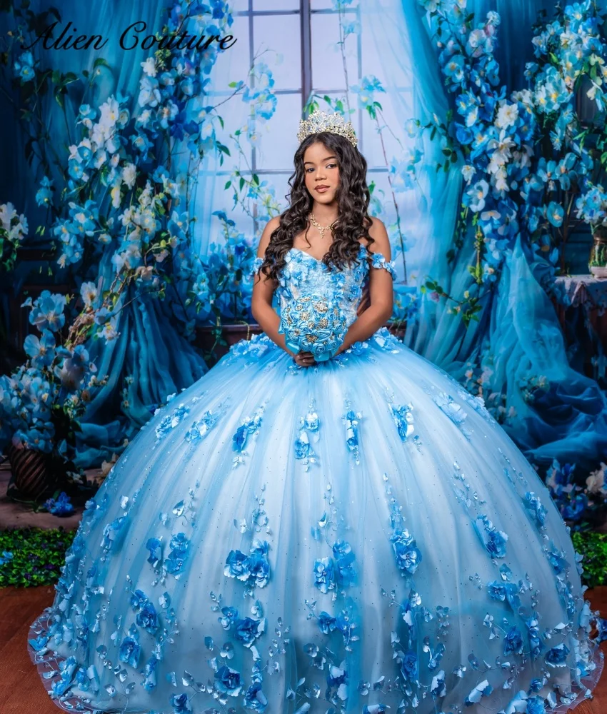 Robes de Quinceanera princesse bleues, appliques de fleurs 3D en cristal de perles, robe Sweet 16, fête d'anniversaire, tenue de soirée, 2024