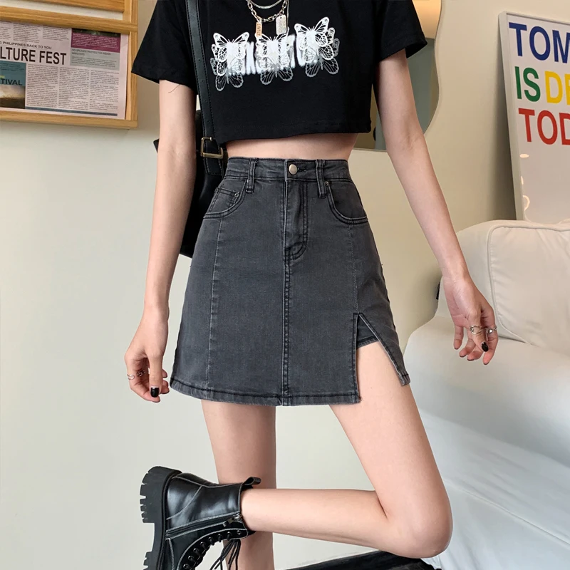 

High Waist A-Line Skirt Women's Denim Asymmetrical Hemline Sexy Girl ort Skirts Spring Autumn New Arrival
