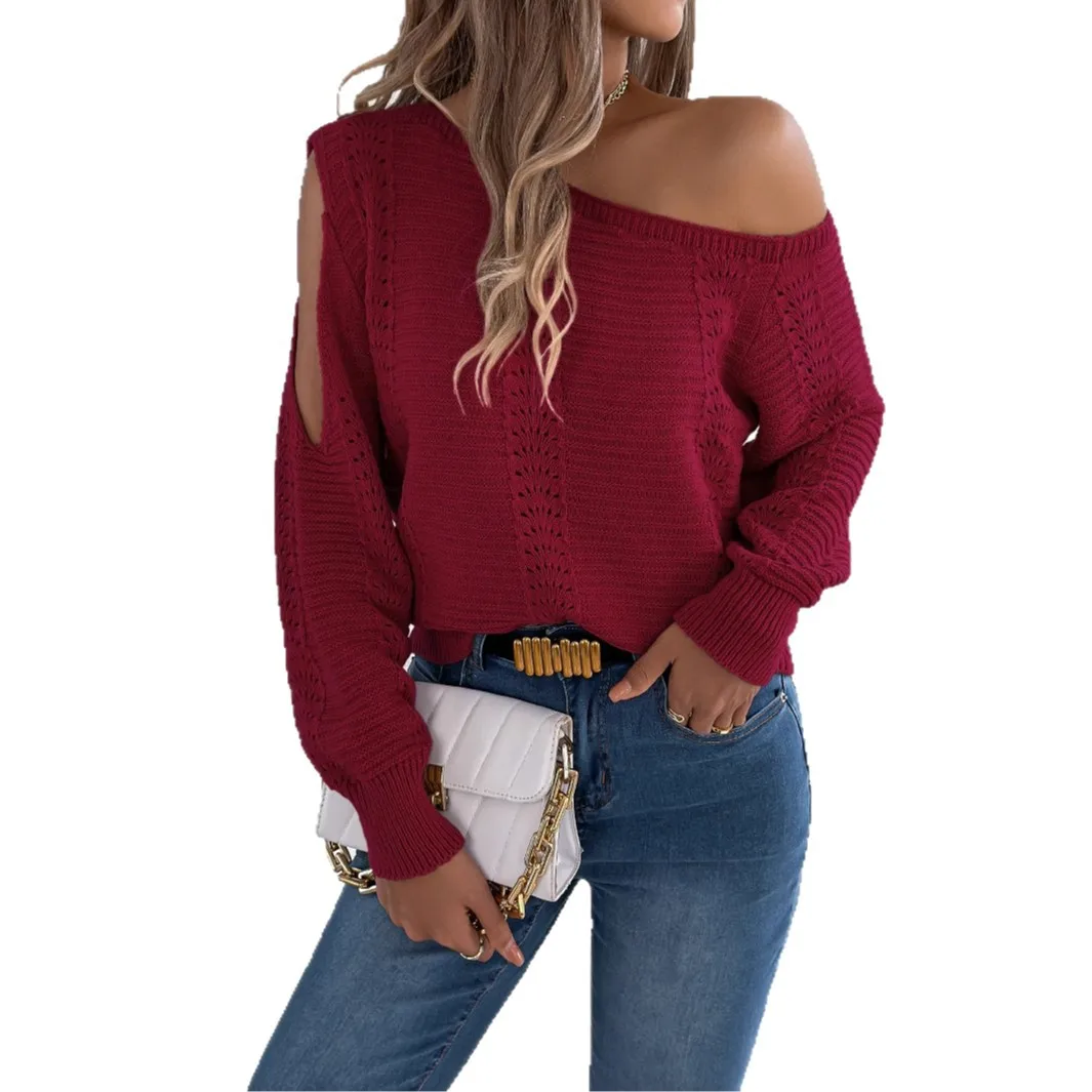 Women Off Shoulder Hollow Out Sweater 2026 Cold Sleeve Crochet Pullover White Loose Knit Jumper Autumn Winter Cropped Top 6