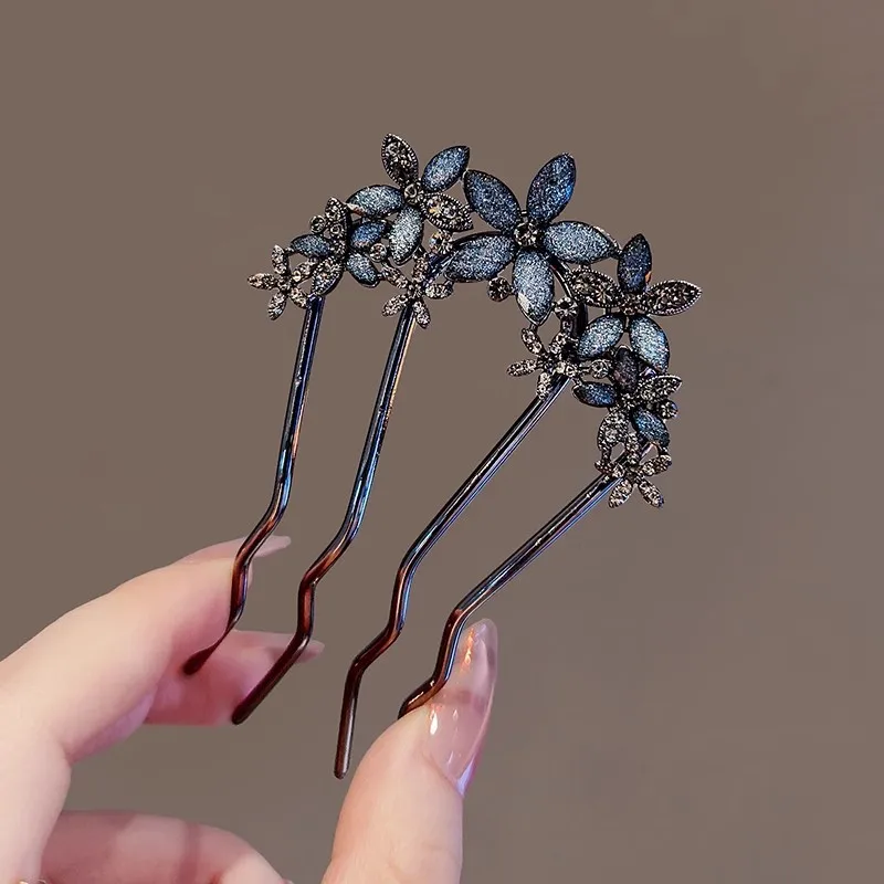 French Retro Bun Hair Accessories Elegant Pearl Flower Hair Combs Pins Women Daily U-shaped Hairpin Female Alloy Hair Clasp Gift