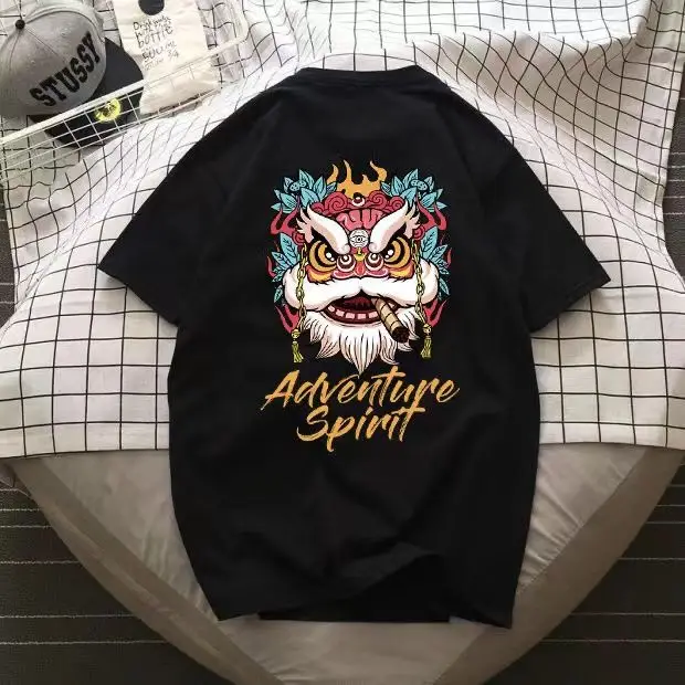 Adventure Spirit White Tshirt Lion Dance Head Print with Blue Red Gold Details Cigar in Mouth Unisex Cotton Streetwear Casual - Image 2