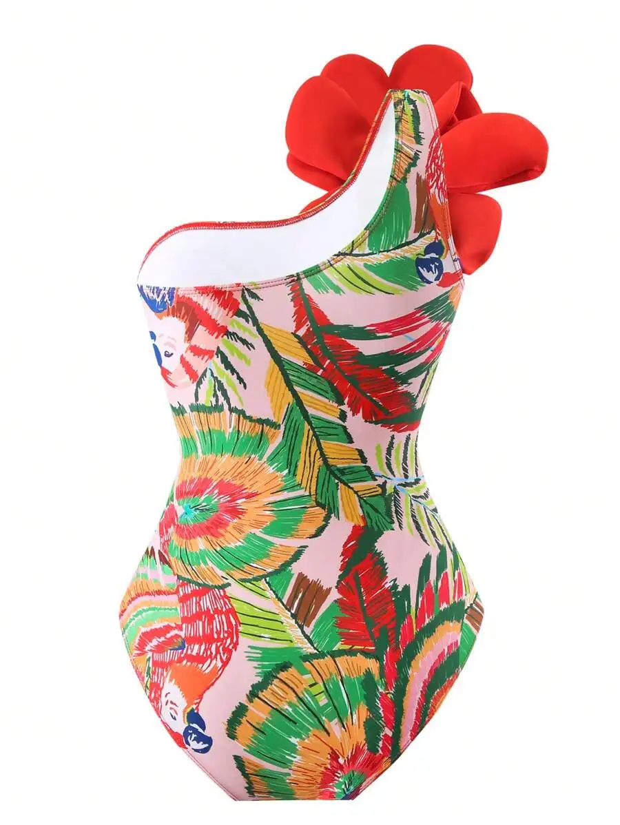 

One Shoulder Plus Size One Piece Swimsuit With Tropical Print Summer