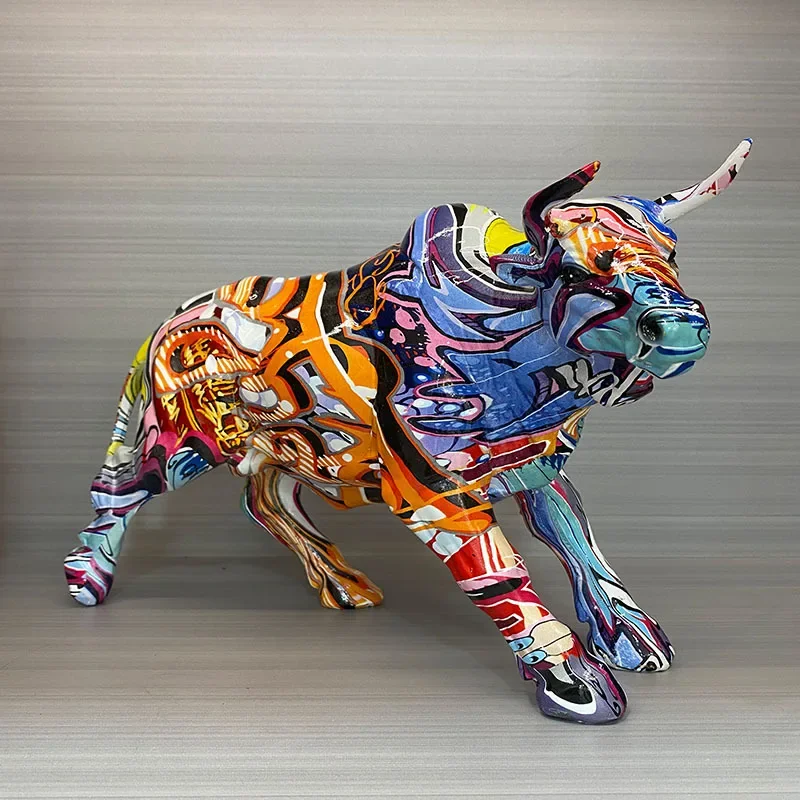 Colorful Water Transfer Printing Cow Statue Desktop Resin Ornament Graffiti Art Home Decoration Office Ornament Friends Gift