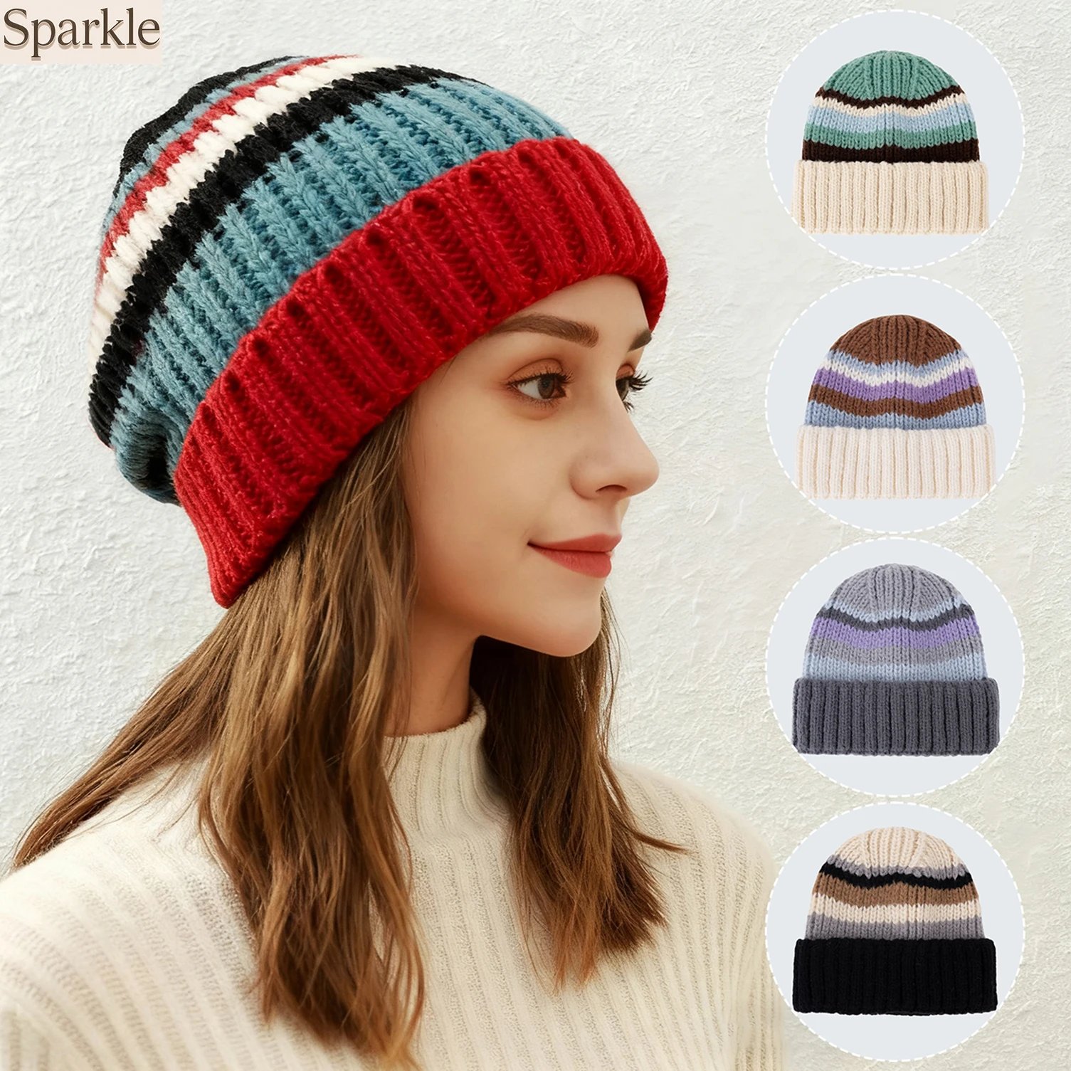 

Winter Fashion Color Blocked Knitted Hat for Girls Thick Woolen Crochet Earmuffs Cap Windproof Warm Ear Protection Bonnet Beanie