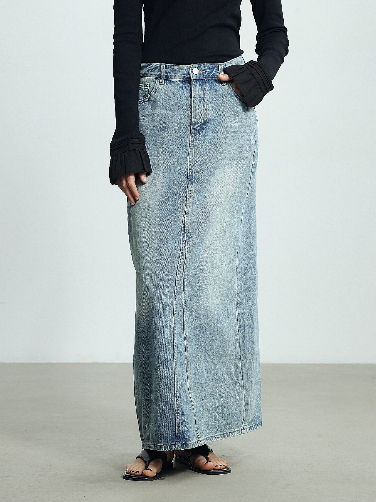 

High Waist A-Line Skirt Denim Worn-look Women's Spring Faion Ele Long Split f Skirt by Xie Ye Ni