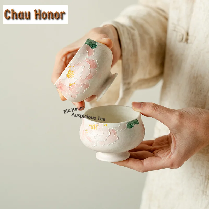 120ml Light Pink Spring Paper Peony High Foot Teacup Tea Bowl Water Jug Tea-tasting Personal Cup Jianzhan Master Cup Teaset Gift