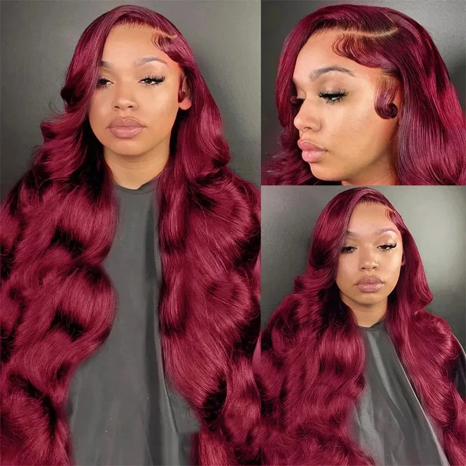 

18 42 дюймов 99J бургундский парик с HD-кружевом, 13x6, плотность 250, бразильские волосы, волнистый, красный цвет, парик с HD-кружевом