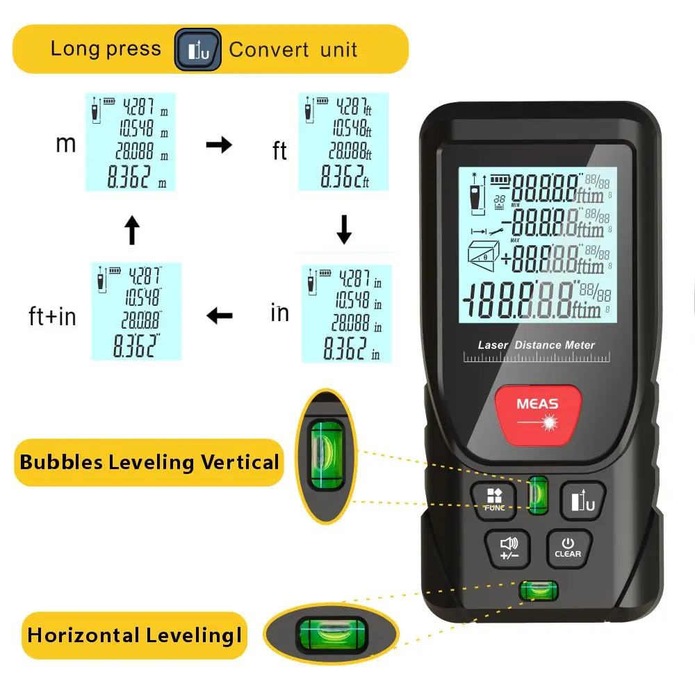 Laser Meter Green Laser Beam Digital Tape 50m 100m 120m Laser Distance Meter 2 Bubbles Leveling  High Accuracy Laser Rangefinder