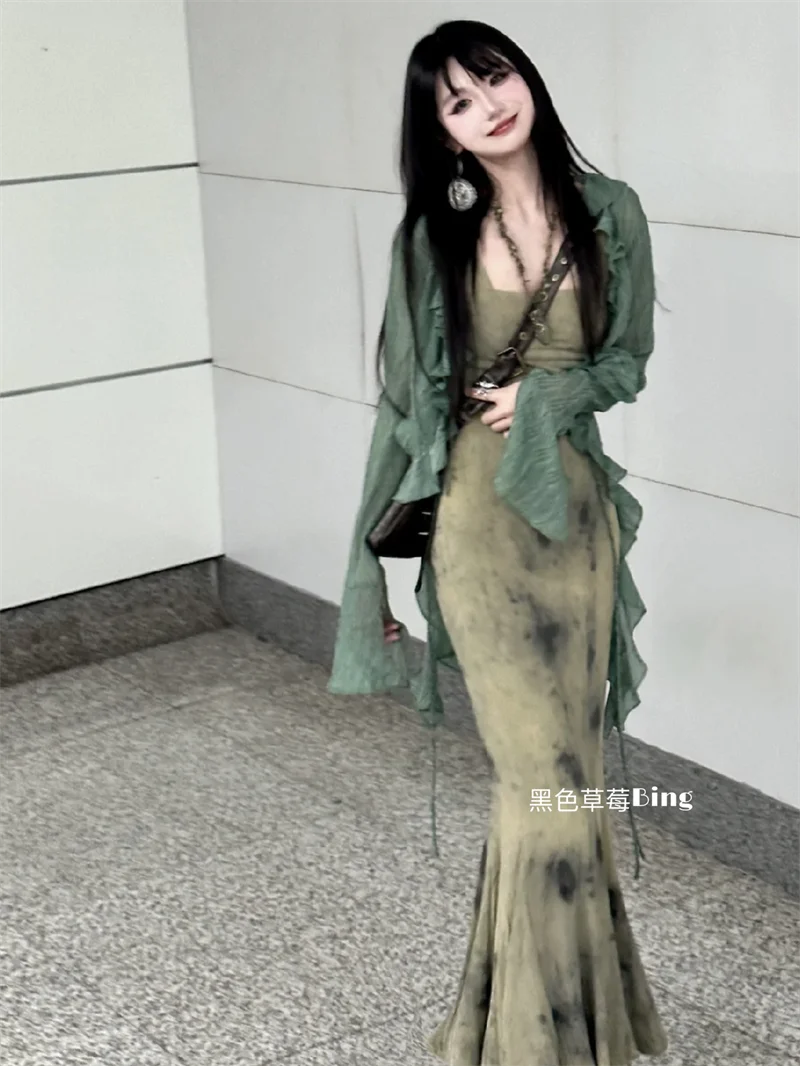 

New Chinese High End Feeling Halo Dyed Dress Women's Sling Long Dress Ruffle Edge Cardigan Two Piece Set Female Cltohing