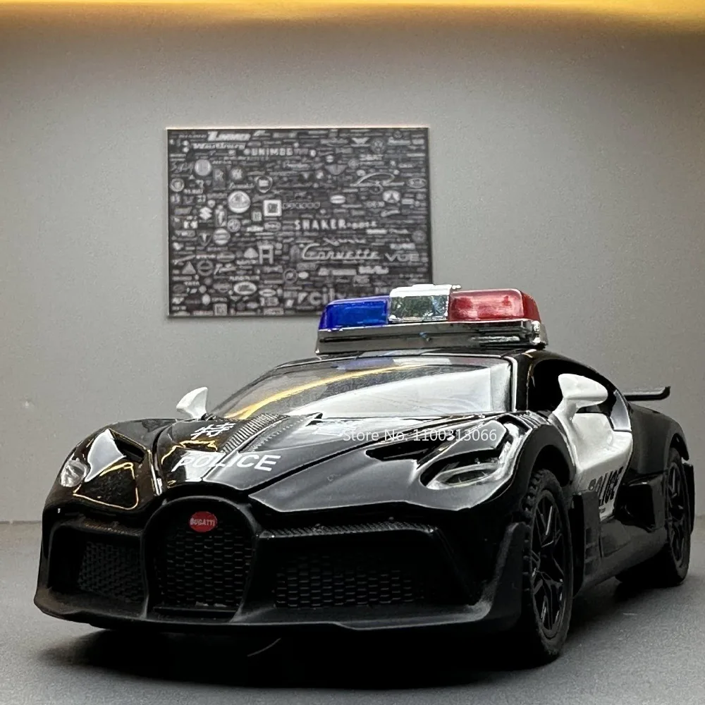 1/32 Bugatti Police Car Alloy Car Toy Metal Diecasts Model Supercar Vehicle with Light and Sound Super Sport Car for Child Gifts