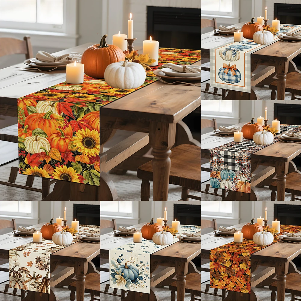 1pc  Fall Harvest Pumpkin & Maple Leaf Table Runners Farmhouse Thanksgiving Dining Table Decor for Home Kitchen Party