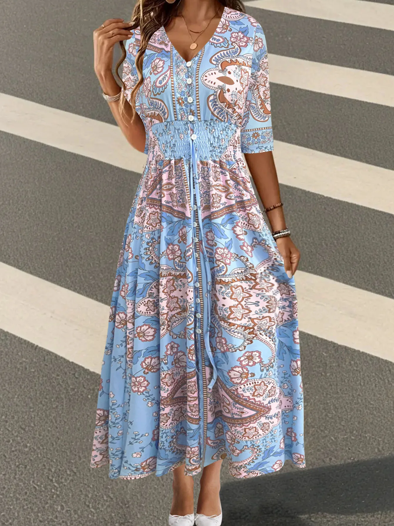 欧米風クロスボーダー秋物セール ボヘミアンプリント エレガントVネック長袖ワンピース