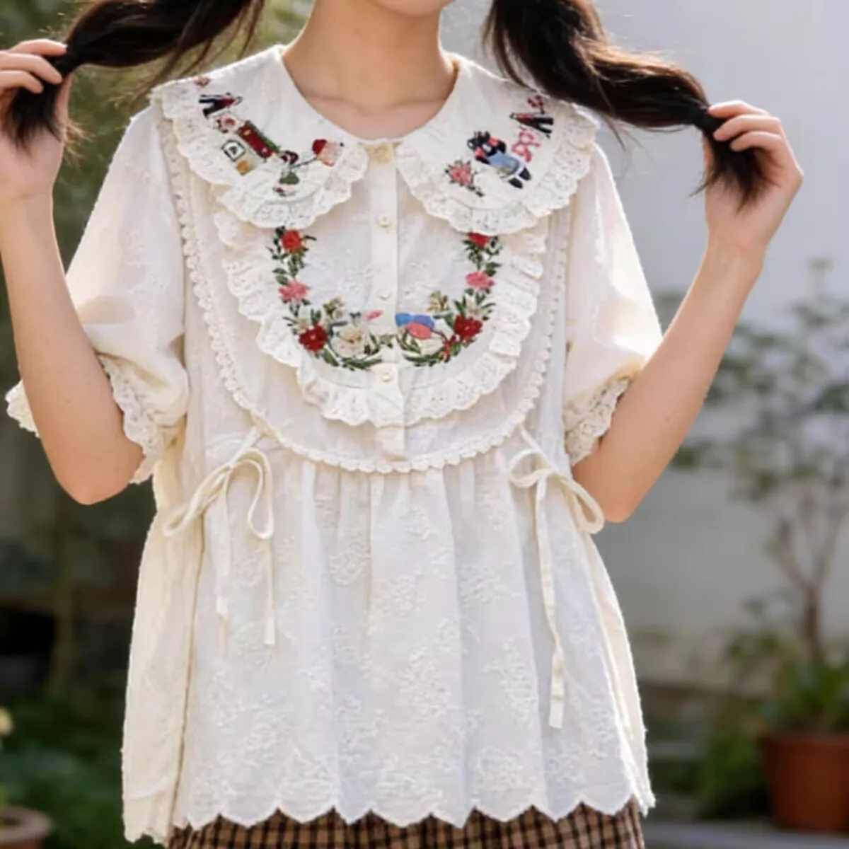 Women Summer Vintage Cotton Lace Patchwork Kawaii Cute Blouse Mori Girl Lolita Sweet Rococo Shirt