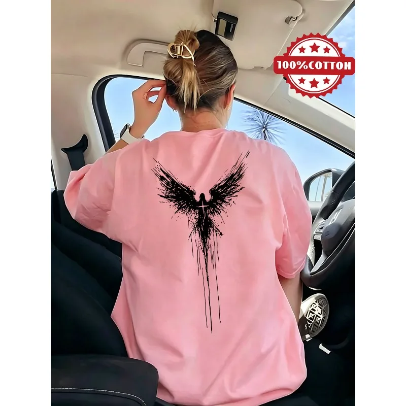 Y2K Fashion Women's T-shirt Wings Cross Angel Print Women's T-shirt Street Retro Harajuku Wind Cotton Unisex