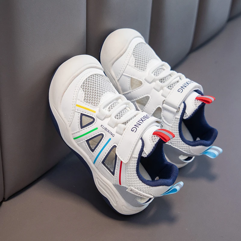 

Boys Hollow Closed Toe Sport Sandals Colorful Stripes Velcro Anti-Collision Quick Dry Non Slip Beach Hiking Water Shoes