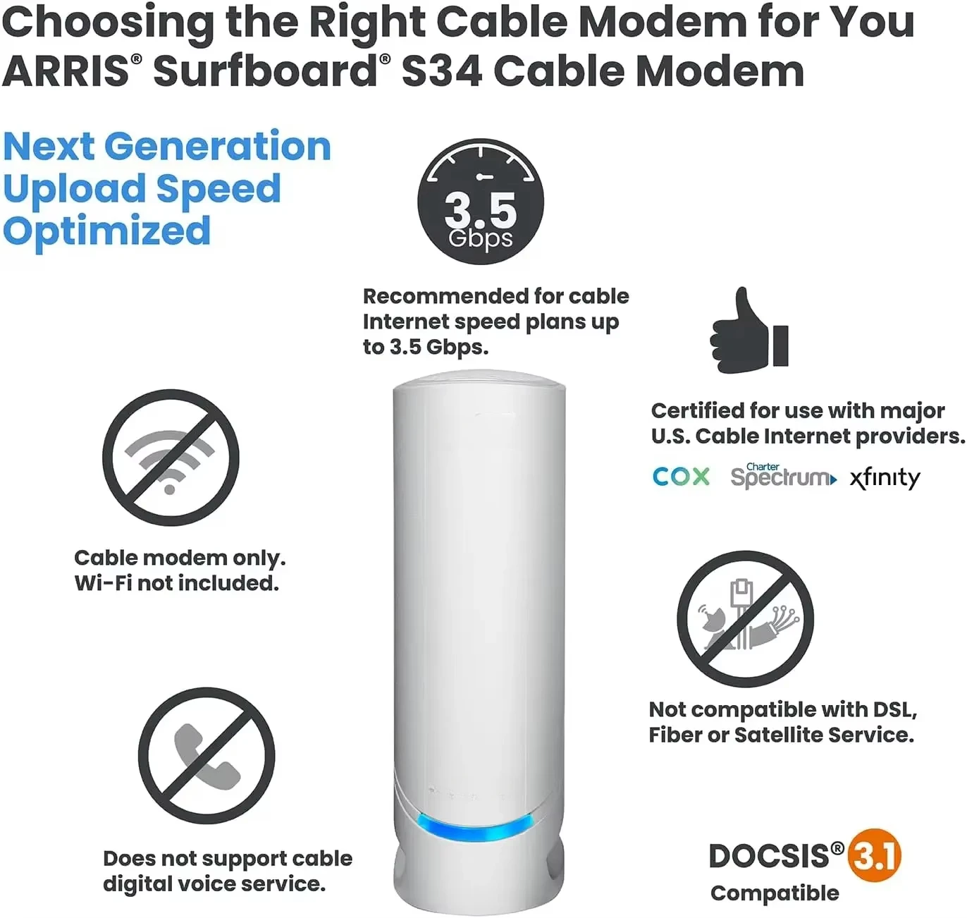 S34 DOCSIS 3.1 Multi-Gigabit Cable Modem | Approved forSpectrum & More |  Next-Generation Upload Speed Optimized