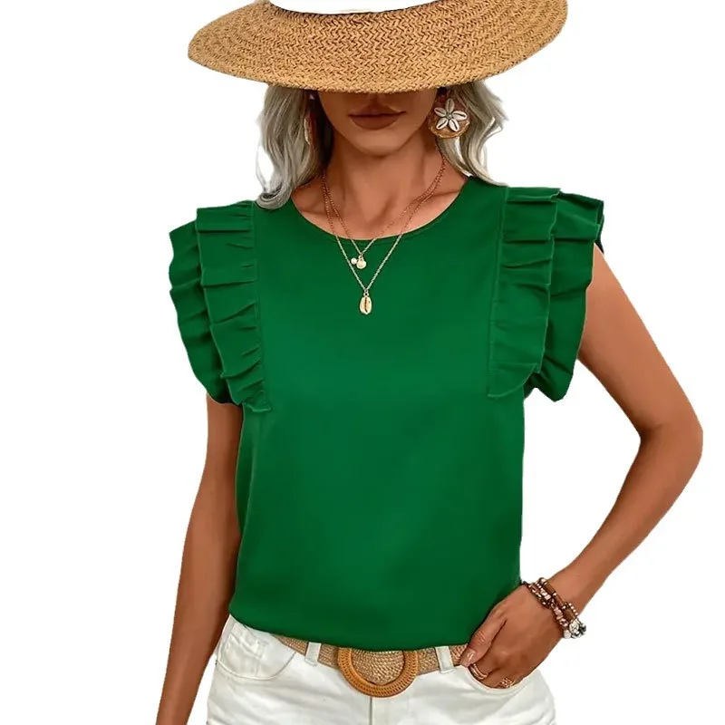 Fashion Loose Solid Green Blouse Women 2024 Summer Casual Ladies Tops Casual Sleeveless O-neck Shirts Blouses Elegant