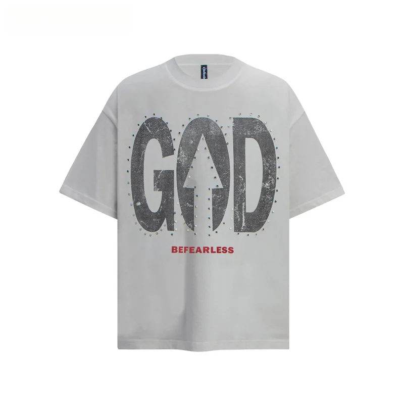Vintage Studded Letter T Shirt for Men Women Oversized Graphic Tee American Streetwear Short Sleeve Casual Top