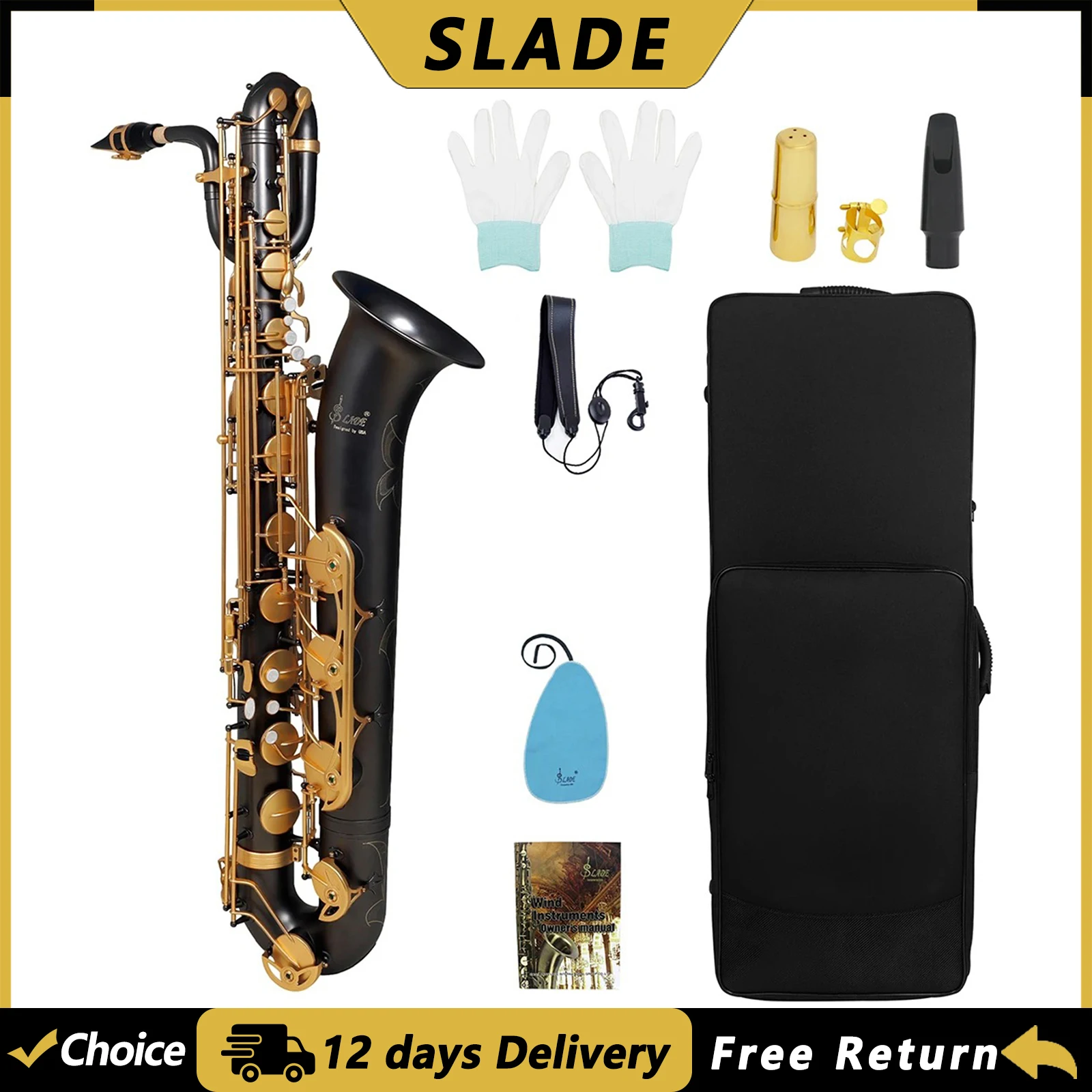SLADE Eb Baritone Saxophone Set Brass Body Sax with Cloth Box Mouthpiece Sax Parts Accessories Professional Woodwind Instrument