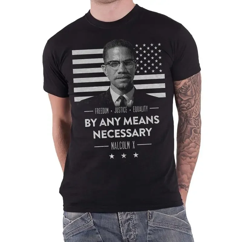 Malcolm X T Shirt By Any Means Necessary Freedom Flag Official Mens New Black