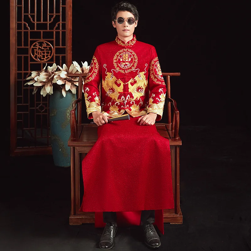 

Tang Suit Men Red Dragon Embroidery Cheongsam Toast Costumes Traditional Chinese Style Wedding Qipao