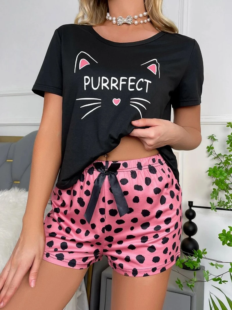 

Pink Cat Print Satin Pajama Set Short Sleeve Crew Neck Tee And Soft Elastic Shorts Comfortable Relaxed Fit Women's Sleepwear Pjs