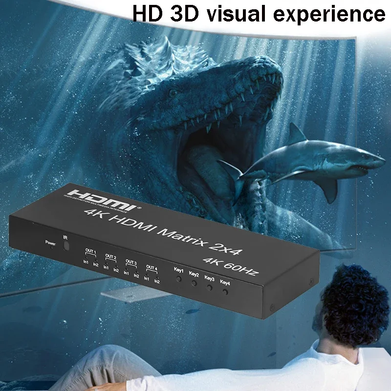 2x4 HDMI Matrix Switch 4x2 4K 60Hz Matrix HDMI2.0 Switch Splitter 2 in 4 out with Optical 3.5mm Audio Out with IR Remote HDCP2.2