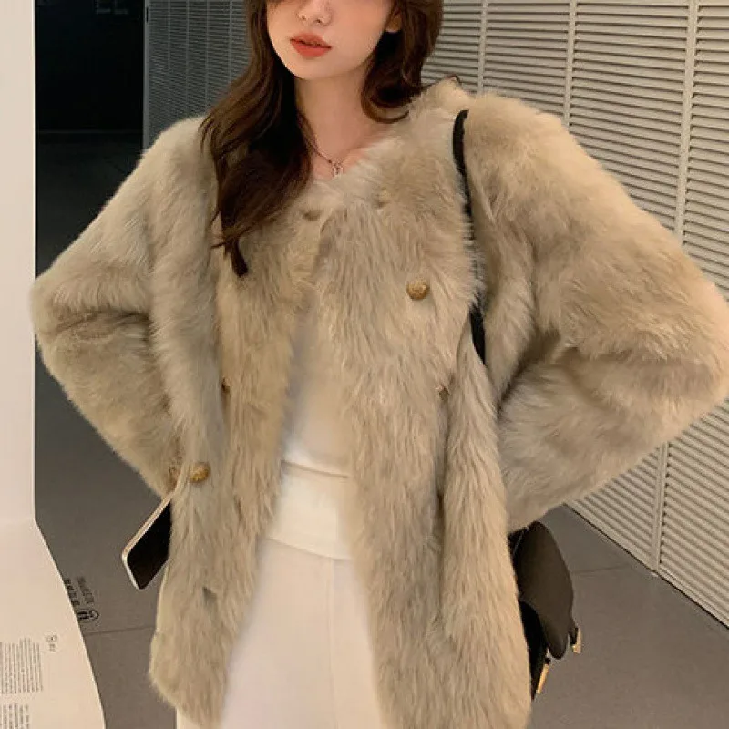 2023 The New Temperament Fur Coat Women Double-breasted Round Neck with Fox Fur in Winter Is Thickened and Versatile jacket