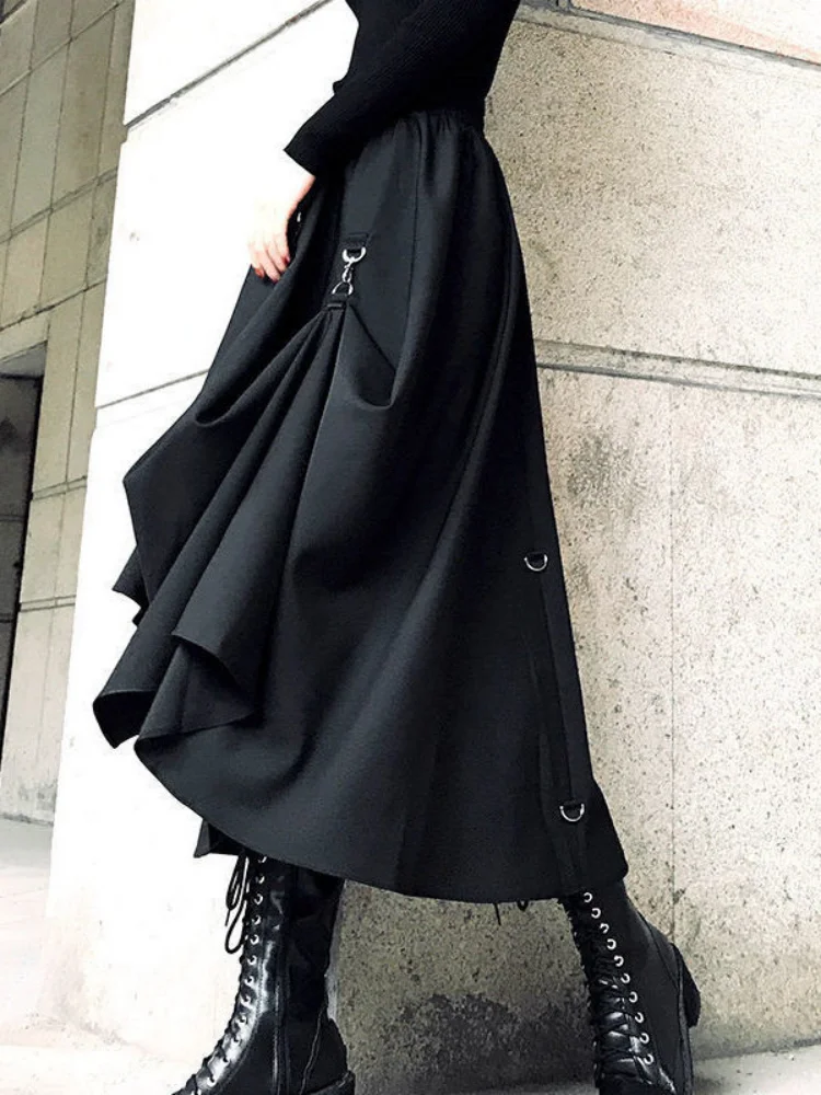 Gothic Skirts Women's Dark Style Maxi Skirt 2026 Spring Punk Buckle Decor High Waist Elegant Long Midi Skirt