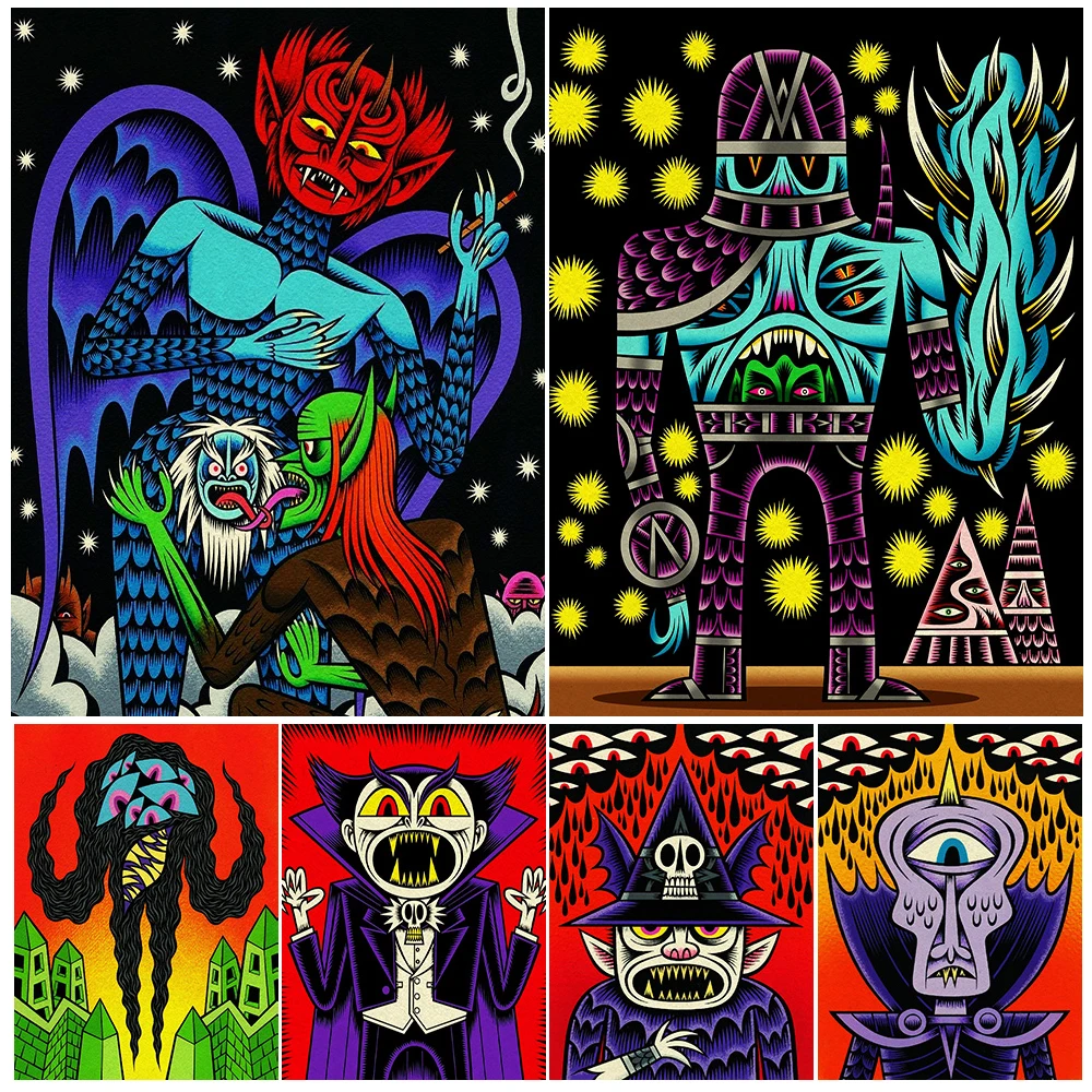 Demon And Vampire Abstract Gothic Wall Art Canvas Painting Creepy Funny Creature Art Poster And Print Home Decoration Unframed