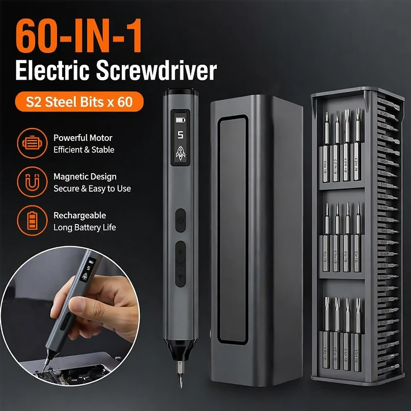 60 IN 1 Professional Precision Electric Screwdriver 5 Speed Adjustable Built-in LED Light S2 Steel Bits Portable Repair Tool Set