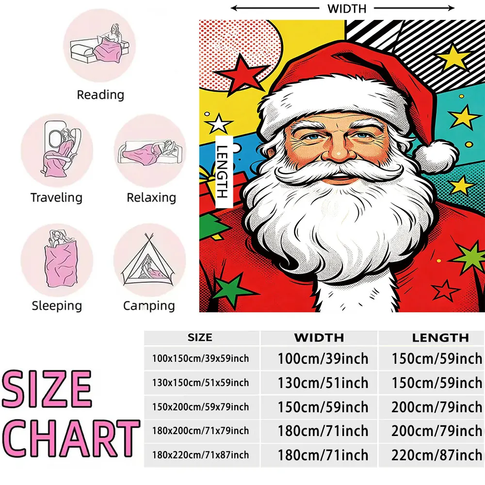 230g flannel blanket decorated with a pop-art Santa Claus image, suitable for all seasons and a perfect gift choice.