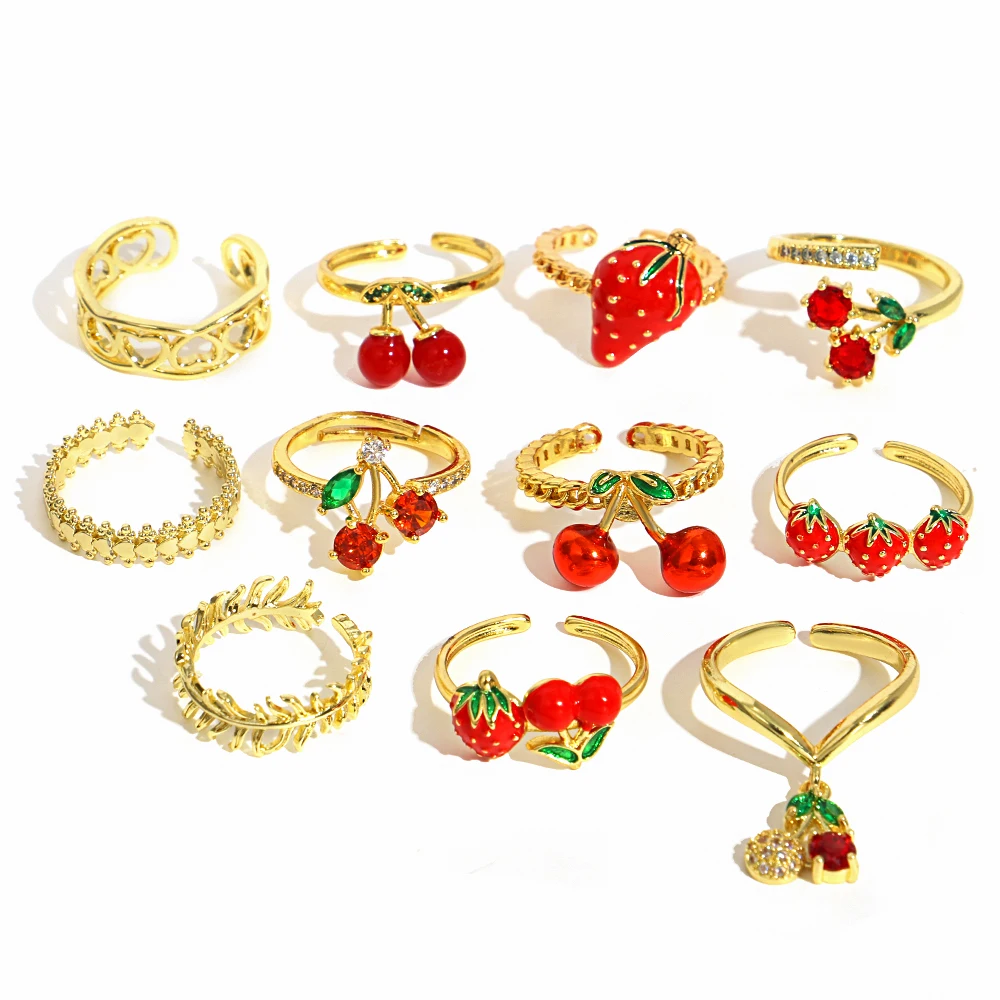 AENSOA Summer Strawberry Cherry Pattern Cuff Ring Various Advanced Oil Drop Stainless Steel Plated Gold Women's Jewelry Gifts