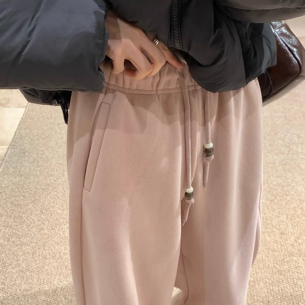 Laid-ba Sle ハイウエスト Dstring ワイドレッグスウェットパンツ女性ルーズ痩身カジュアルパンツロングブレードパンツ綿ウール生地