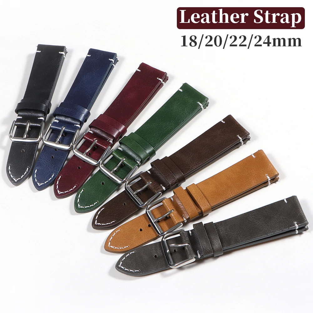 Cowhide Watch Strap Bracelet Vintage Genuine Leather 18mm 20mm 22mm 24mm Watchband Women Men Sport Quick Release Wristband